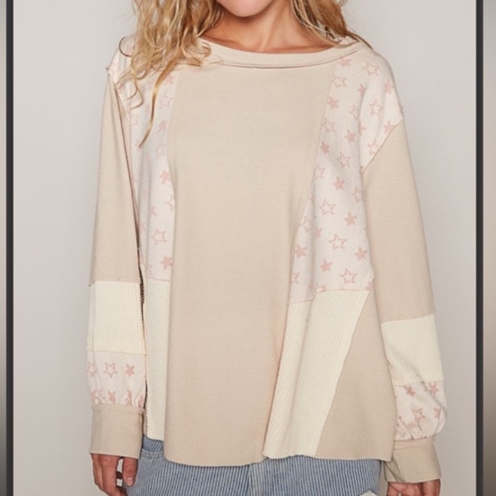 POL Oversized Patchwork Star Crewneck Pullover Long Sleeve Thermal Blush Ivory